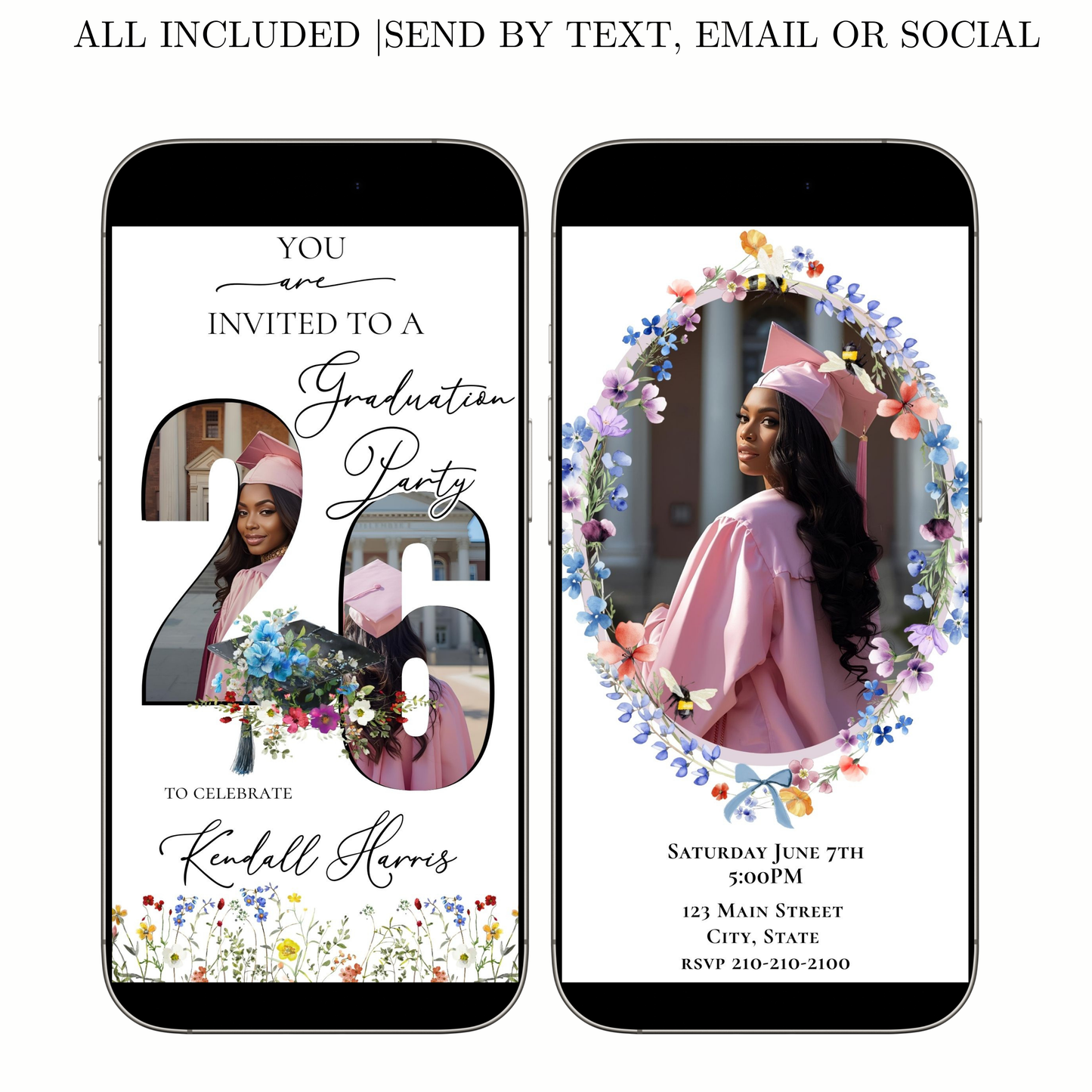 Editable floral graduation 2026 graduation video invitation displayed on a mobile phone, featuring an animated vertical digital invite with music, created in Canva. This premium video invitation template is designed for sharing by text, email, and social media and works with an interactive RSVP website for easy guest response tracking.