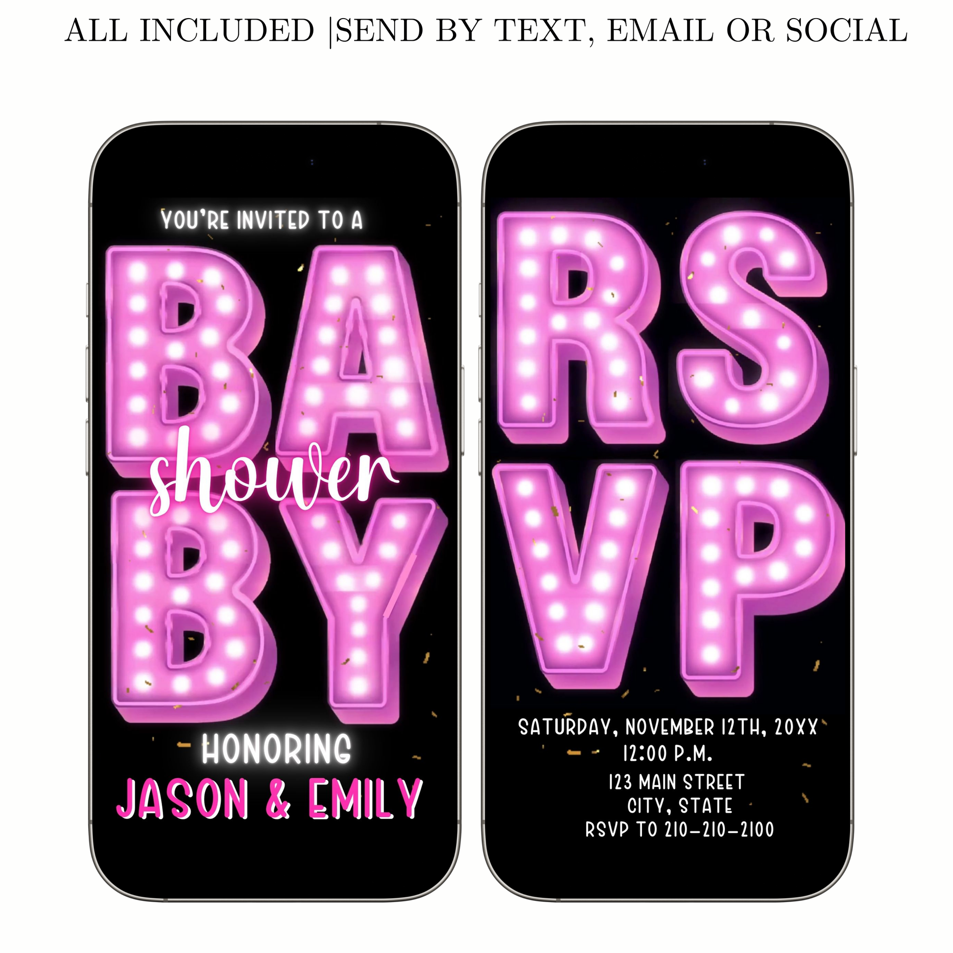 Editable pink neon baby shower baby shower video invitation displayed on a mobile phone, featuring an animated vertical digital invite with music, created in Canva. This premium video invitation template is designed for sharing by text, email, and social media and works with an interactive RSVP website for easy guest response tracking.