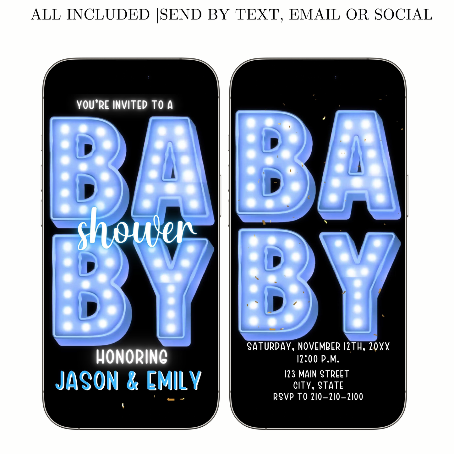 Editable blue marquee boy baby shower baby shower video invitation displayed on a mobile phone, featuring an animated vertical digital invite with music, created in Canva. This premium video invitation template is designed for sharing by text, email, and social media and works with an interactive RSVP website for easy guest response tracking.