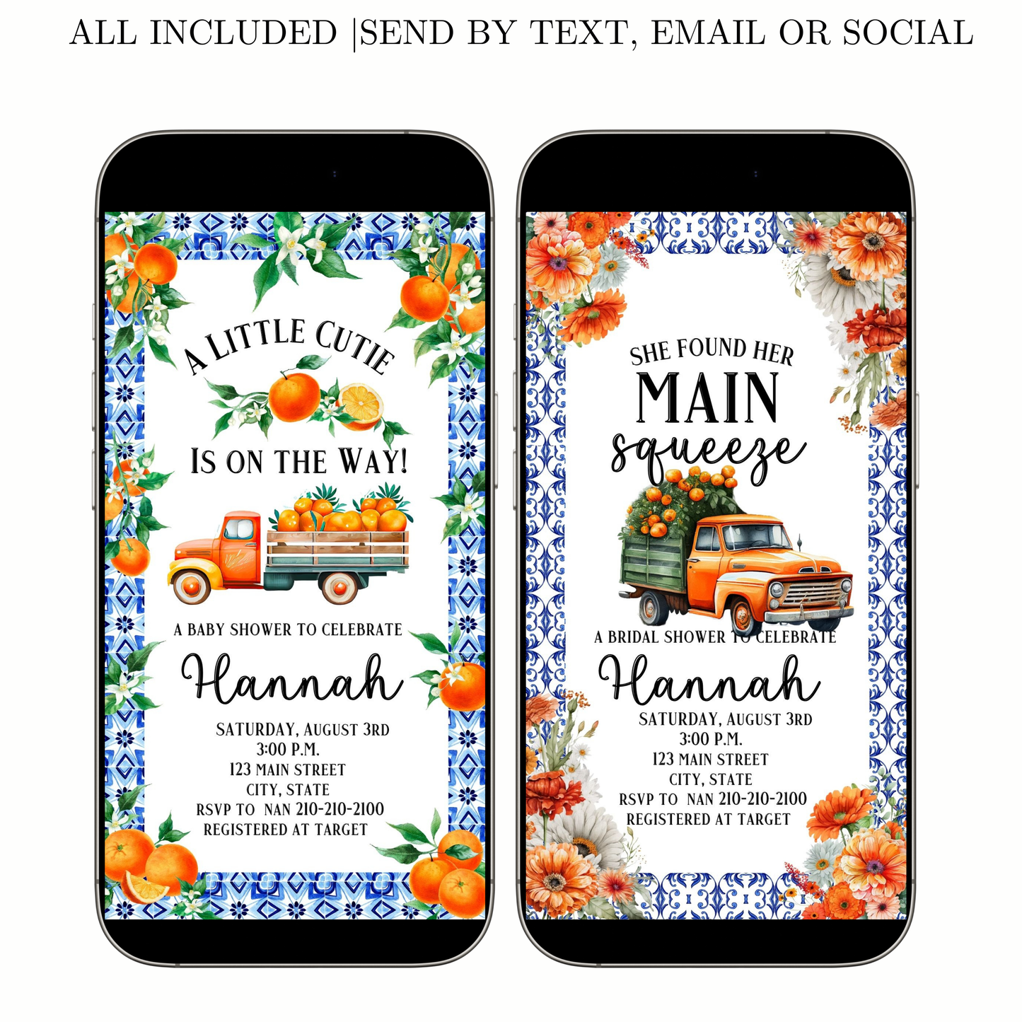 Editable little cutie lemon baby shower baby shower video invitation displayed on a mobile phone, featuring an animated vertical digital invite with music, created in Canva. This premium video invitation template is designed for sharing by text, email, and social media and works with an interactive RSVP website for easy guest response tracking.