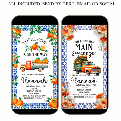 Editable little cutie lemon baby shower baby shower video invitation displayed on a mobile phone, featuring an animated vertical digital invite with music, created in Canva. This premium video invitation template is designed for sharing by text, email, and social media and works with an interactive RSVP website for easy guest response tracking.