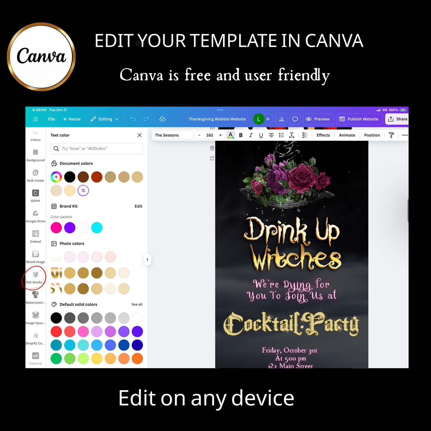 Halloween-Videoeinladung, animierte Einladung „Hexen trinken“, bearbeitbare mobile Einladung zur Halloween-Party