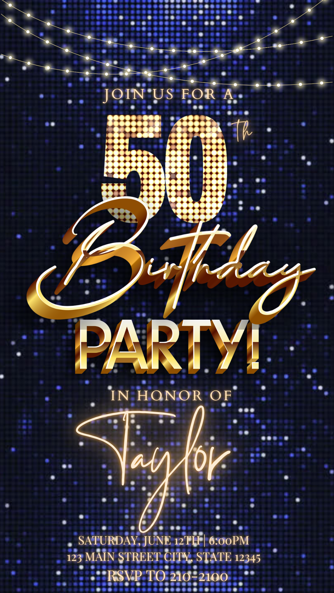 Editable blue gold sequin 50th birthday video invitation displayed on a mobile phone, featuring an animated vertical digital invite with music, created in Canva. This premium video invitation template is designed for sharing by text, email, and social media and works with an interactive RSVP website for easy guest response tracking.