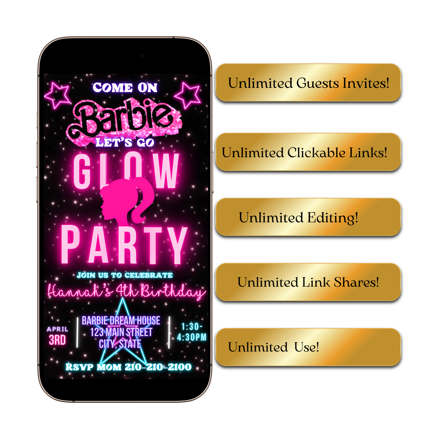 Editable Barbie Video Invitation | Animated Pink Barbie Digital Evite | Editable Canva Invite Template