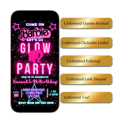 Editable Barbie Video Invitation | Animated Pink Barbie Digital Evite | Editable Canva Invite Template