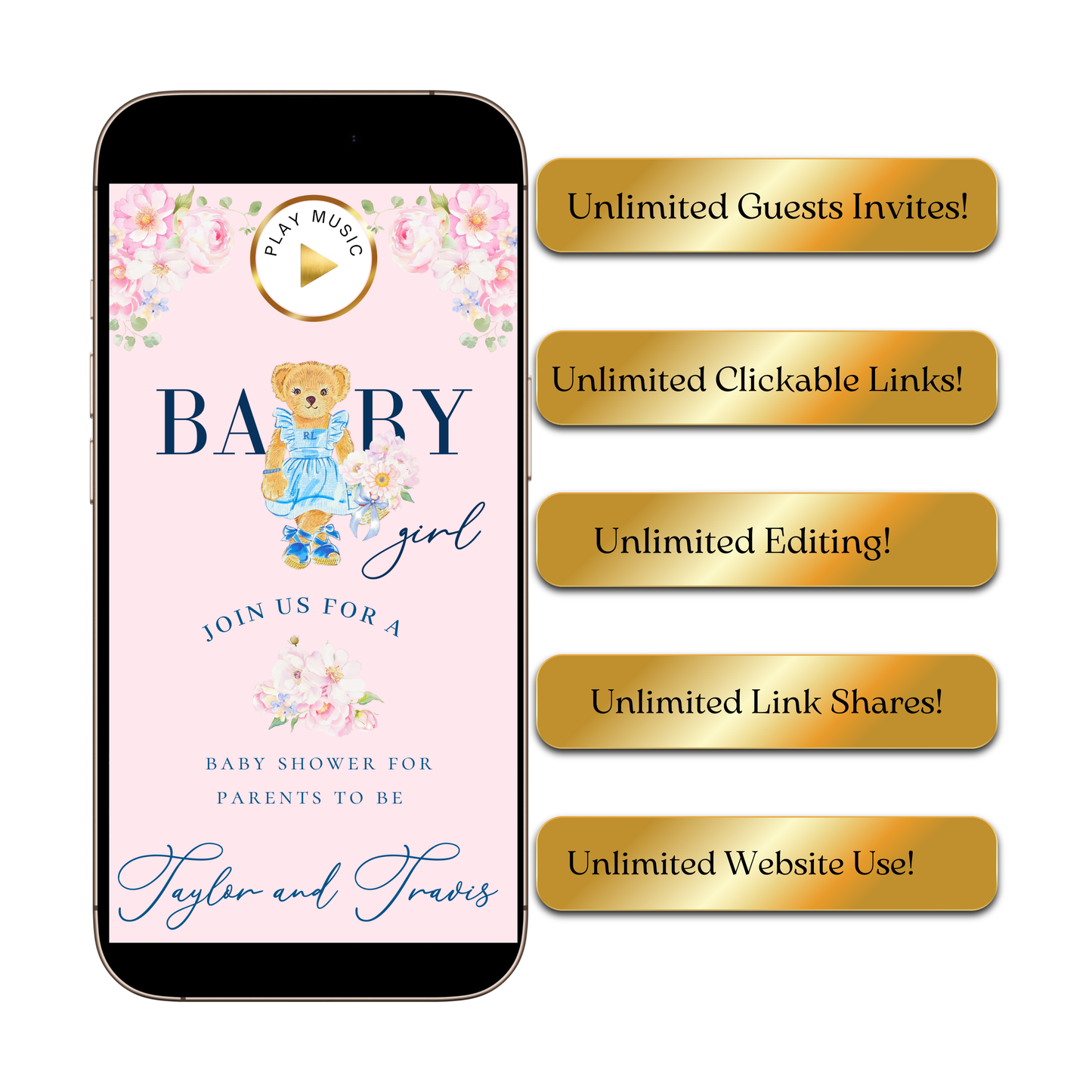 Einladung zur Babyparty mit Polo-Bär | Interaktive RSVP-Website | Bearbeitbare Canva-Vorlage