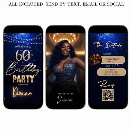 Editable royal blue gold elegant 60th birthday birthday video invitation displayed on a mobile phone, featuring an animated vertical digital invite with music, created in Canva. This premium video invitation template is designed for sharing by text, email, and social media and works with an interactive RSVP website for easy guest response tracking.