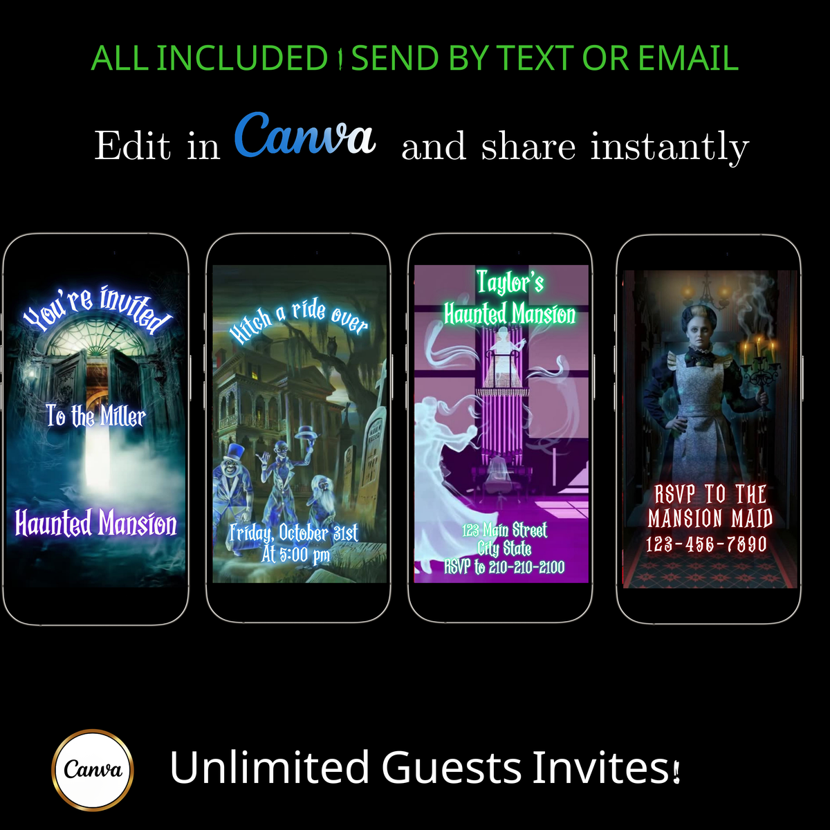 Editable haunted mansion halloween party party video invitation displayed on a mobile phone, featuring an animated vertical digital invite with music, created in Canva. This premium video invitation template is designed for sharing by text, email, and social media and works with an interactive RSVP website for easy guest response tracking.