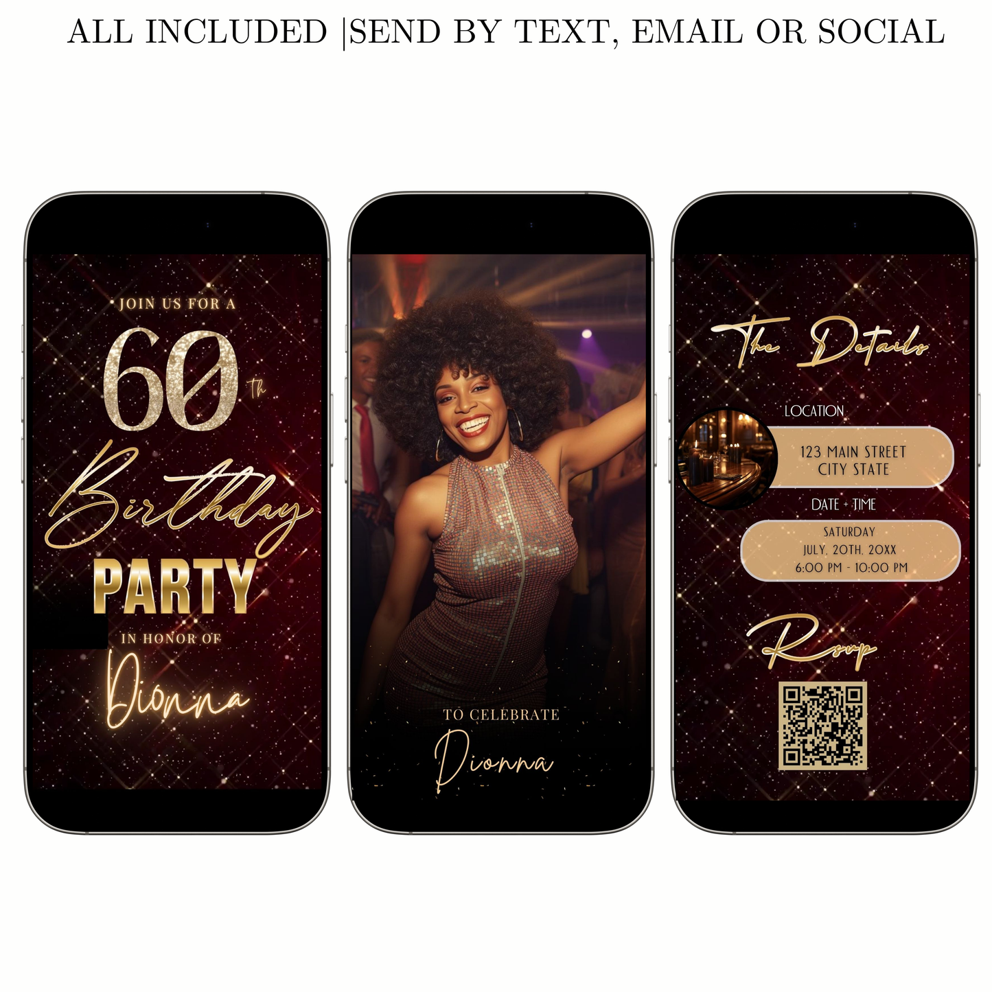 Editable maroon gold sparkle grid 60th birthday birthday video invitation displayed on a mobile phone, featuring an animated vertical digital invite with music, created in Canva. This premium video invitation template is designed for sharing by text, email, and social media and works with an interactive RSVP website for easy guest response tracking.