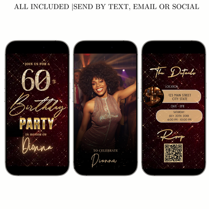 Editable maroon gold sparkle grid 60th birthday birthday video invitation displayed on a mobile phone, featuring an animated vertical digital invite with music, created in Canva. This premium video invitation template is designed for sharing by text, email, and social media and works with an interactive RSVP website for easy guest response tracking.