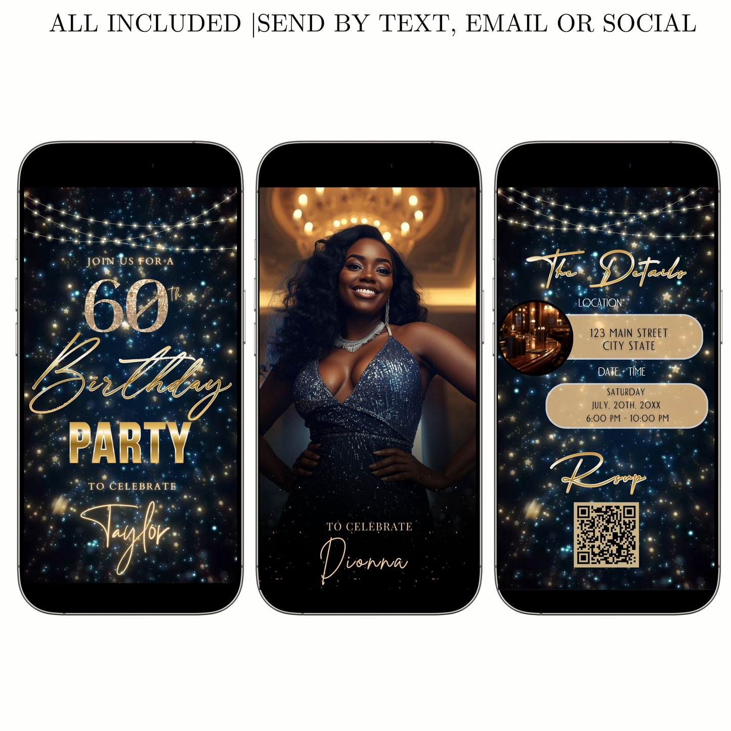 Editable teal gold star confetti 60th birthday birthday video invitation displayed on a mobile phone, featuring an animated vertical digital invite with music, created in Canva. This premium video invitation template is designed for sharing by text, email, and social media and works with an interactive RSVP website for easy guest response tracking.