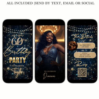 Editable teal gold star confetti 60th birthday birthday video invitation displayed on a mobile phone, featuring an animated vertical digital invite with music, created in Canva. This premium video invitation template is designed for sharing by text, email, and social media and works with an interactive RSVP website for easy guest response tracking.