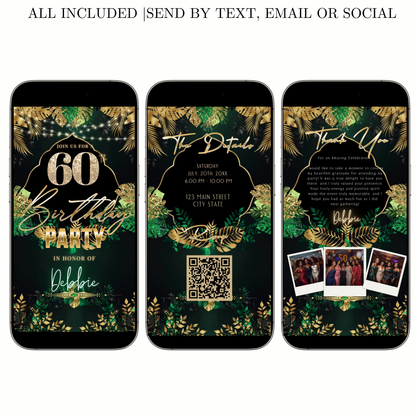 Editable safari green gold 60th birthday birthday video invitation displayed on a mobile phone, featuring an animated vertical digital invite with music, created in Canva. This premium video invitation template is designed for sharing by text, email, and social media and works with an interactive RSVP website for easy guest response tracking.