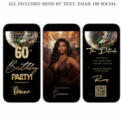Editable disco ball gold 60th birthday birthday video invitation displayed on a mobile phone, featuring an animated vertical digital invite with music, created in Canva. This premium video invitation template is designed for sharing by text, email, and social media and works with an interactive RSVP website for easy guest response tracking.
