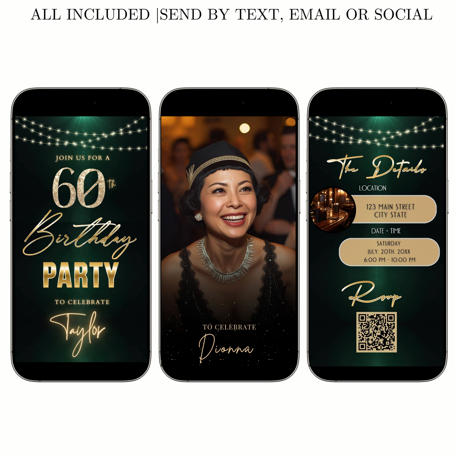 Editable dark emerald gold 60th birthday birthday video invitation displayed on a mobile phone, featuring an animated vertical digital invite with music, created in Canva. This premium video invitation template is designed for sharing by text, email, and social media and works with an interactive RSVP website for easy guest response tracking.