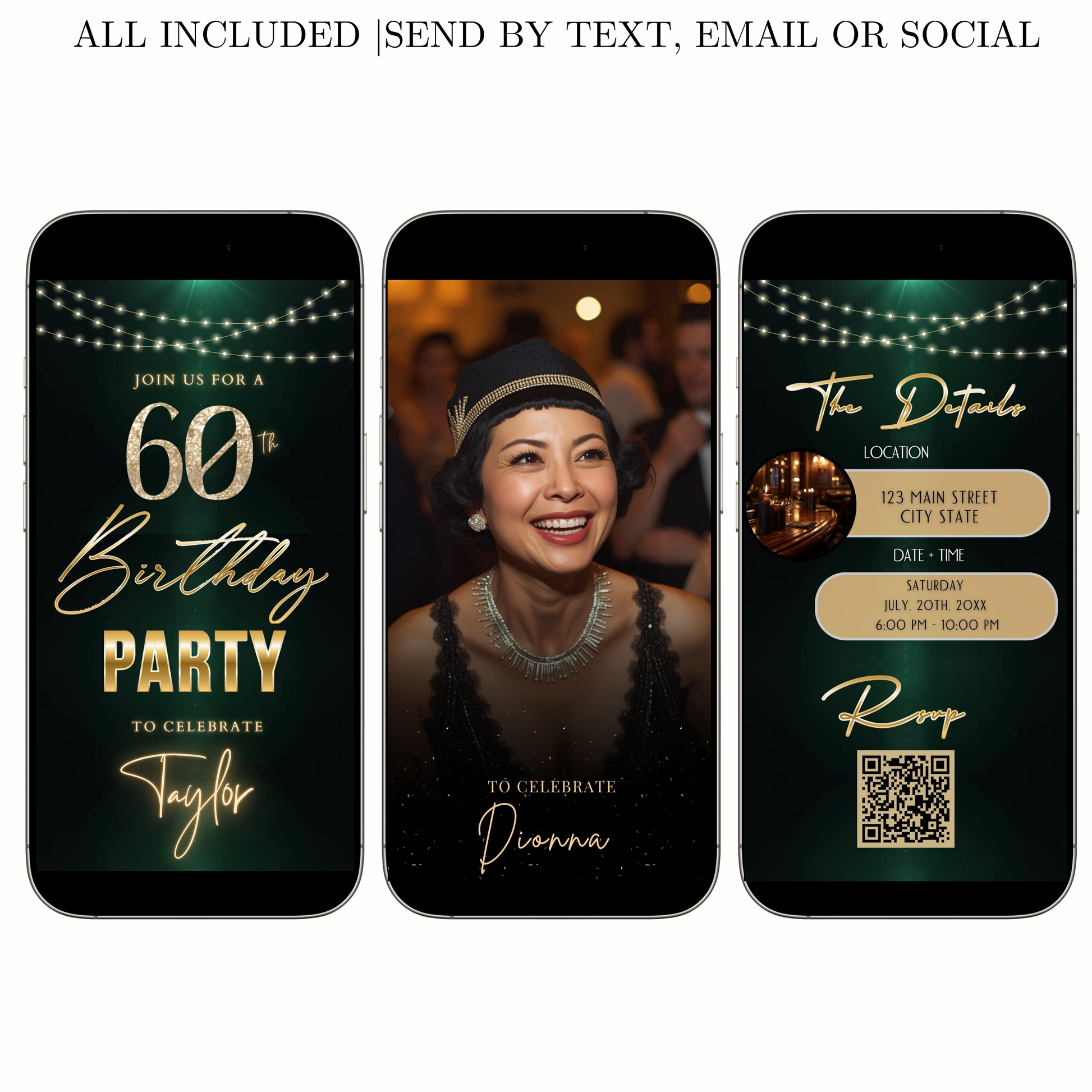 Editable dark emerald gold 60th birthday birthday video invitation displayed on a mobile phone, featuring an animated vertical digital invite with music, created in Canva. This premium video invitation template is designed for sharing by text, email, and social media and works with an interactive RSVP website for easy guest response tracking.