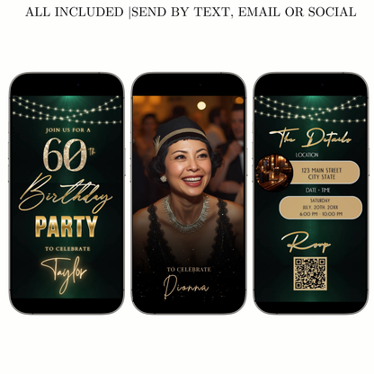Editable dark emerald gold 60th birthday birthday video invitation displayed on a mobile phone, featuring an animated vertical digital invite with music, created in Canva. This premium video invitation template is designed for sharing by text, email, and social media and works with an interactive RSVP website for easy guest response tracking.