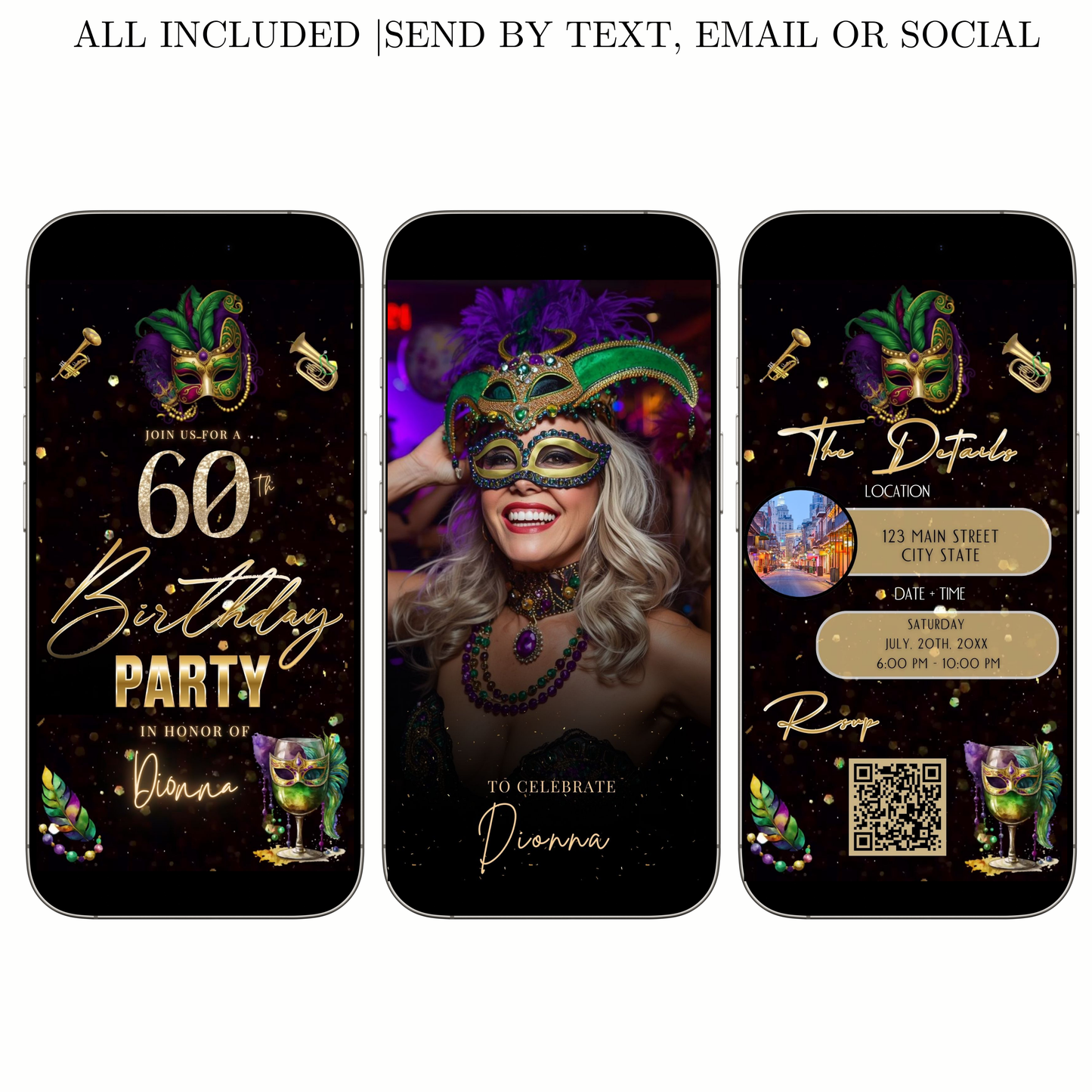 Editable masquerade mardi gras 60th birthday birthday video invitation displayed on a mobile phone, featuring an animated vertical digital invite with music, created in Canva. This premium video invitation template is designed for sharing by text, email, and social media and works with an interactive RSVP website for easy guest response tracking.
