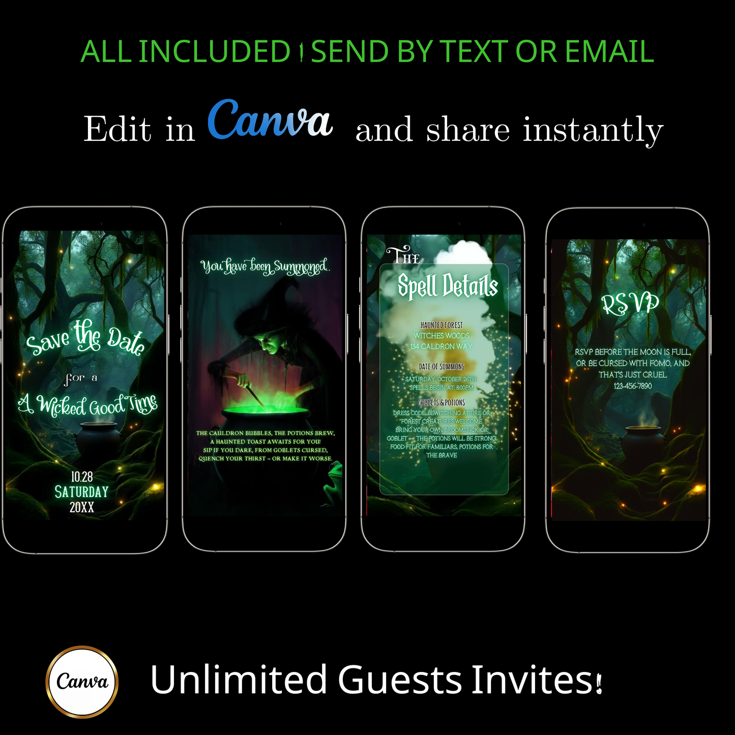 Editable abracadabra halloween party party video invitation displayed on a mobile phone, featuring an animated vertical digital invite with music, created in Canva. This premium video invitation template is designed for sharing by text, email, and social media and works with an interactive RSVP website for easy guest response tracking.