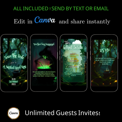 Editable abracadabra halloween party party video invitation displayed on a mobile phone, featuring an animated vertical digital invite with music, created in Canva. This premium video invitation template is designed for sharing by text, email, and social media and works with an interactive RSVP website for easy guest response tracking.