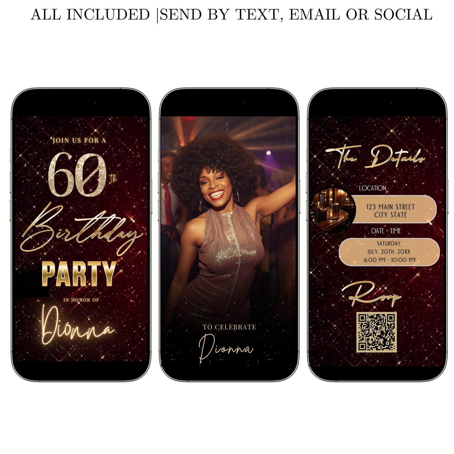 Editable maroon gold elegant 60th birthday birthday video invitation displayed on a mobile phone, featuring an animated vertical digital invite with music, created in Canva. This premium video invitation template is designed for sharing by text, email, and social media and works with an interactive RSVP website for easy guest response tracking.