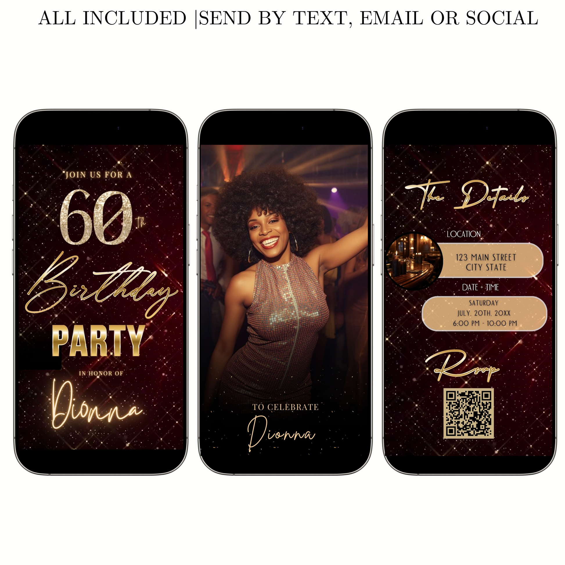 Editable maroon gold elegant 60th birthday birthday video invitation displayed on a mobile phone, featuring an animated vertical digital invite with music, created in Canva. This premium video invitation template is designed for sharing by text, email, and social media and works with an interactive RSVP website for easy guest response tracking.