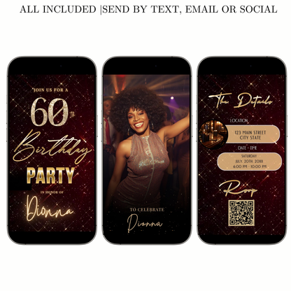 Editable maroon gold elegant 60th birthday birthday video invitation displayed on a mobile phone, featuring an animated vertical digital invite with music, created in Canva. This premium video invitation template is designed for sharing by text, email, and social media and works with an interactive RSVP website for easy guest response tracking.