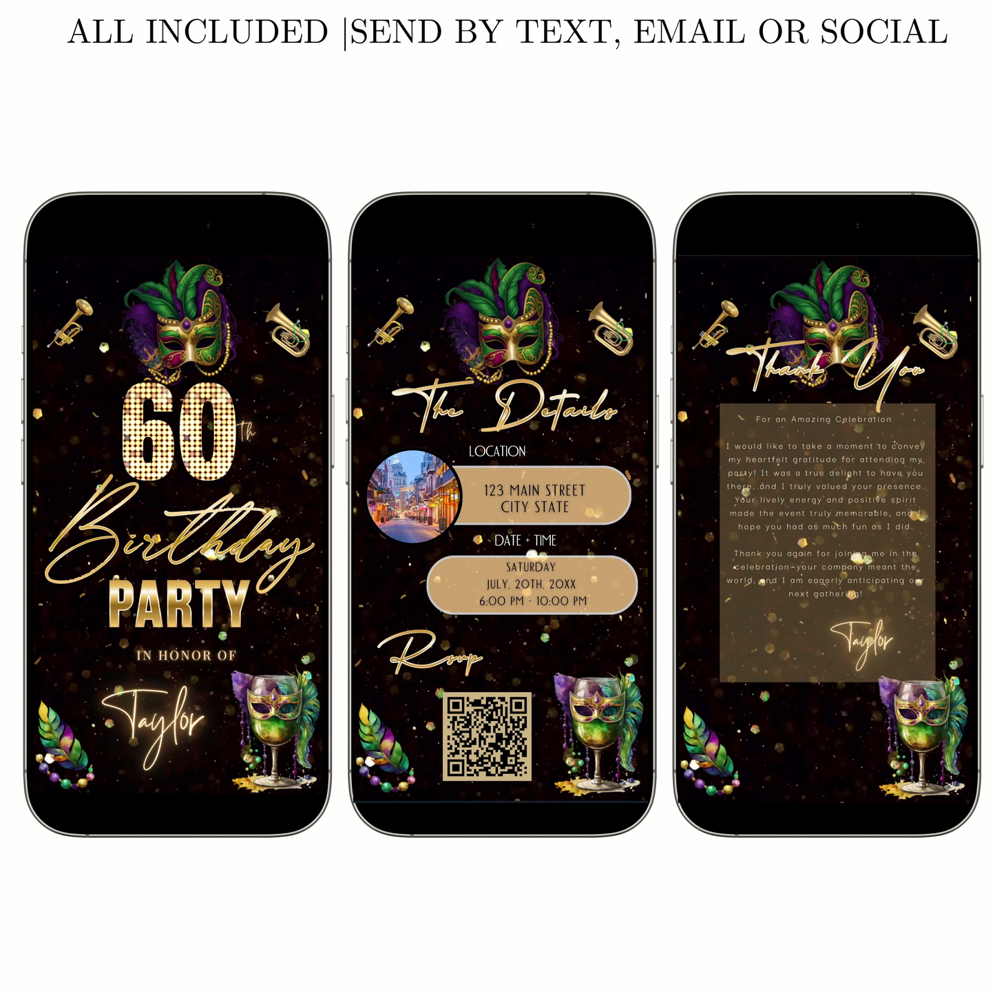 Editable mardi gras masquerade 60th birthday birthday video invitation displayed on a mobile phone, featuring an animated vertical digital invite with music, created in Canva. This premium video invitation template is designed for sharing by text, email, and social media and works with an interactive RSVP website for easy guest response tracking.