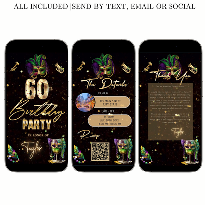 Editable mardi gras masquerade 60th birthday birthday video invitation displayed on a mobile phone, featuring an animated vertical digital invite with music, created in Canva. This premium video invitation template is designed for sharing by text, email, and social media and works with an interactive RSVP website for easy guest response tracking.