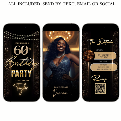 Editable black gold elegant 60th birthday birthday video invitation displayed on a mobile phone, featuring an animated vertical digital invite with music, created in Canva. This premium video invitation template is designed for sharing by text, email, and social media and works with an interactive RSVP website for easy guest response tracking.