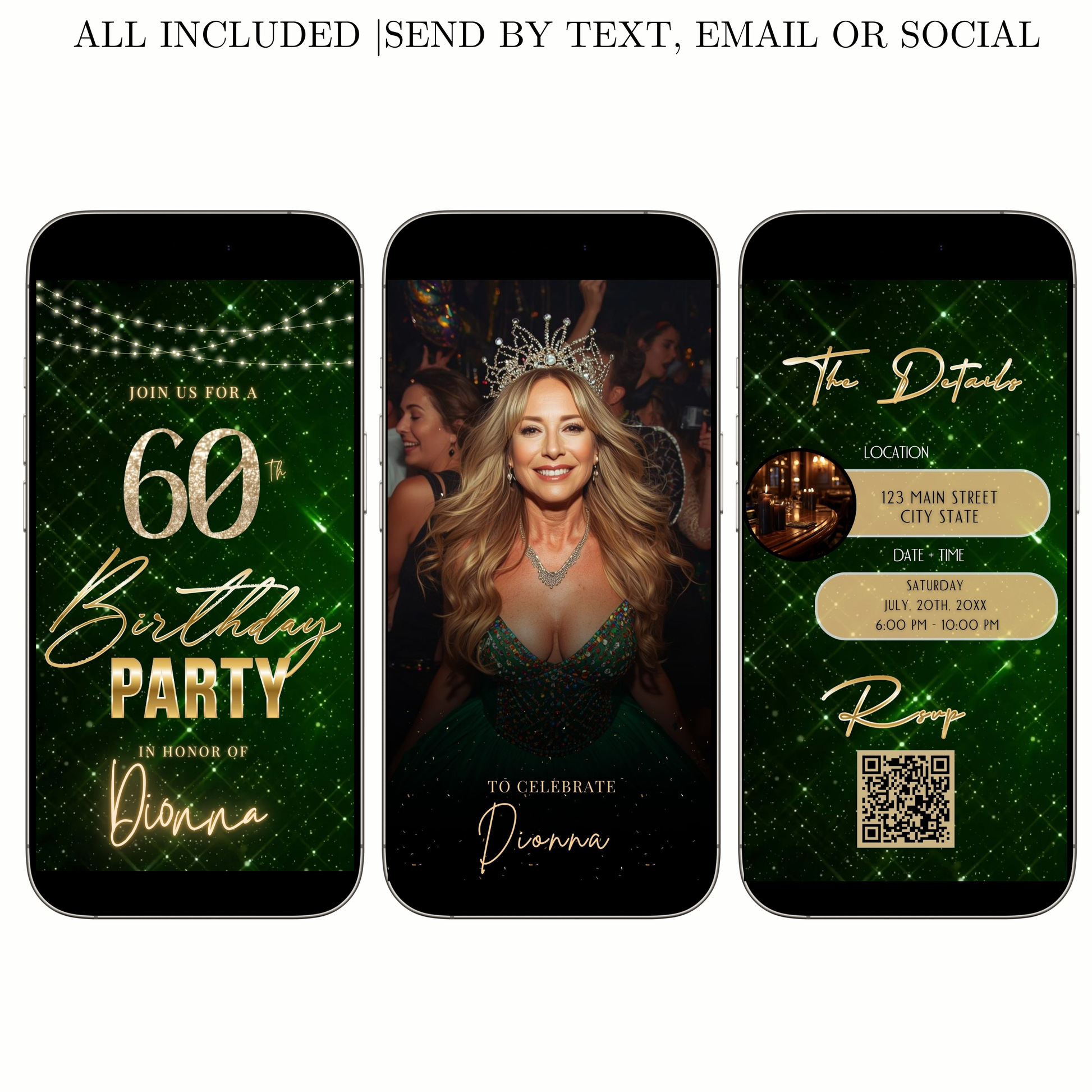 Editable emerald green gold 60th birthday birthday video invitation displayed on a mobile phone, featuring an animated vertical digital invite with music, created in Canva. This premium video invitation template is designed for sharing by text, email, and social media and works with an interactive RSVP website for easy guest response tracking.