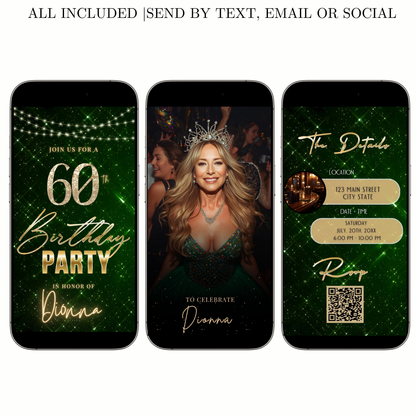 Editable emerald green gold 60th birthday birthday video invitation displayed on a mobile phone, featuring an animated vertical digital invite with music, created in Canva. This premium video invitation template is designed for sharing by text, email, and social media and works with an interactive RSVP website for easy guest response tracking.