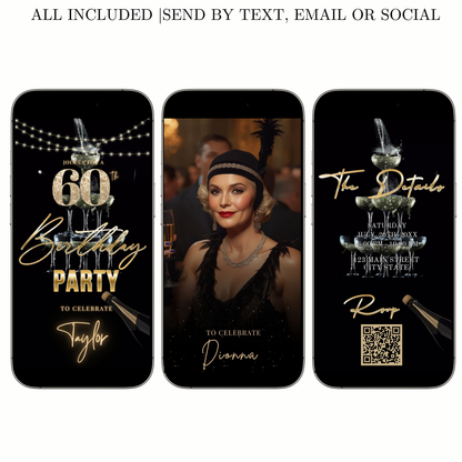 Editable black gold elegant 60th birthday birthday video invitation displayed on a mobile phone, featuring an animated vertical digital invite with music, created in Canva. This premium video invitation template is designed for sharing by text, email, and social media and works with an interactive RSVP website for easy guest response tracking.