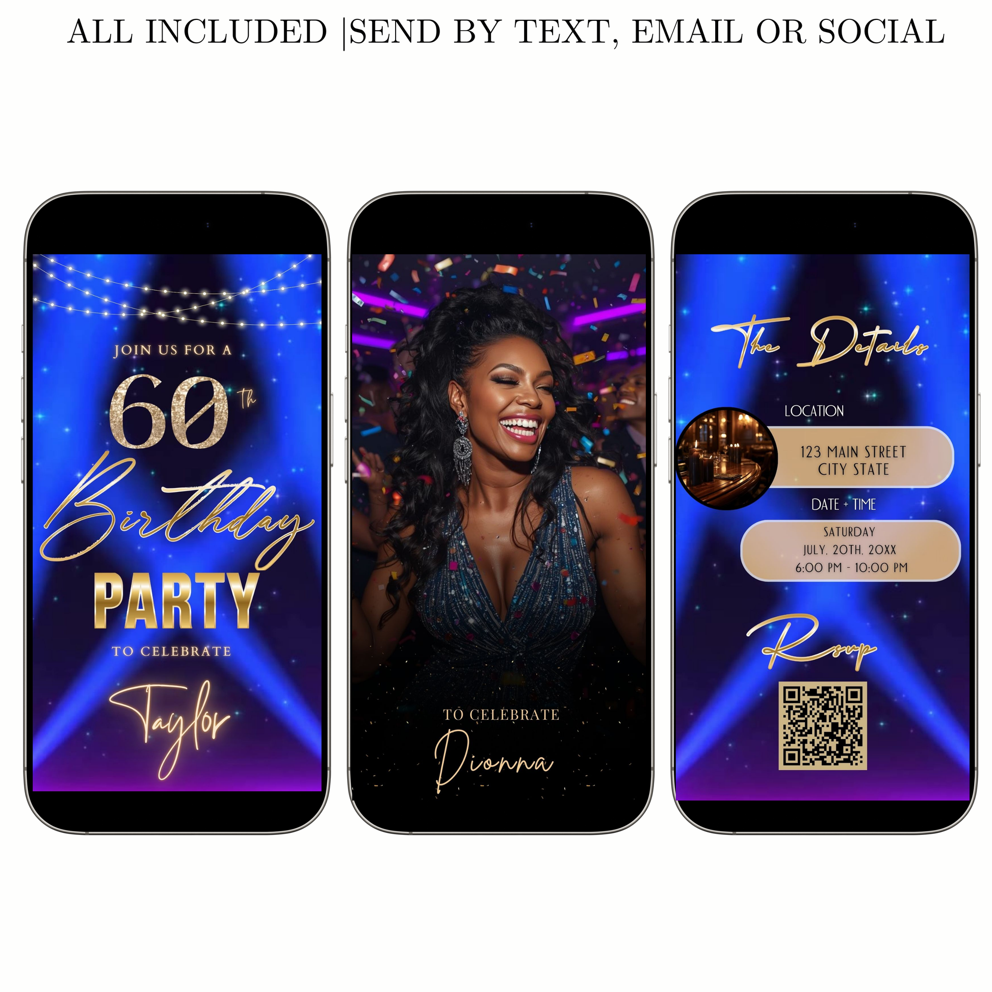 Editable blue purple spotlight 60th birthday birthday video invitation displayed on a mobile phone, featuring an animated vertical digital invite with music, created in Canva. This premium video invitation template is designed for sharing by text, email, and social media and works with an interactive RSVP website for easy guest response tracking.