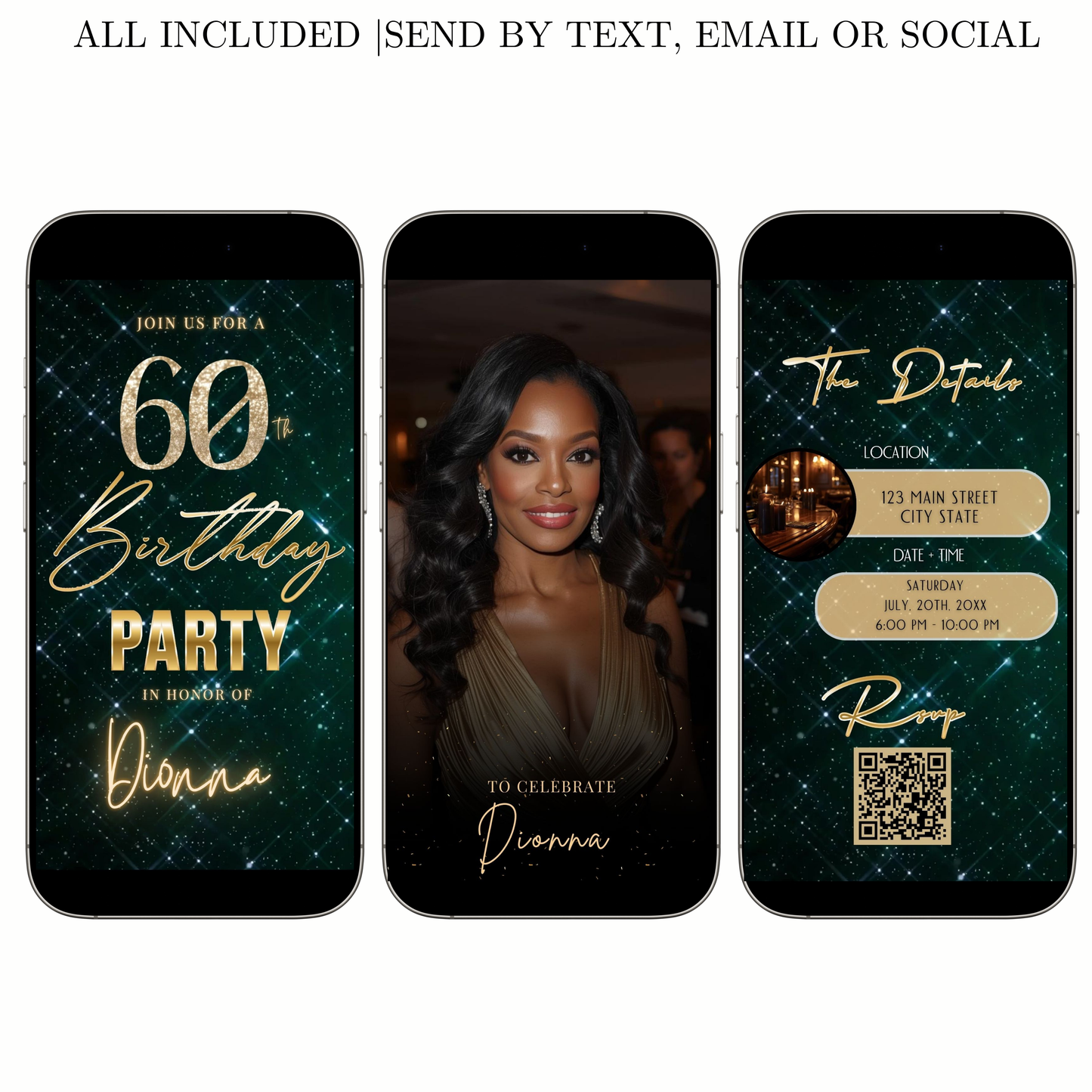 Editable teal glam 60th birthday birthday video invitation displayed on a mobile phone, featuring an animated vertical digital invite with music, created in Canva. This premium video invitation template is designed for sharing by text, email, and social media and works with an interactive RSVP website for easy guest response tracking.