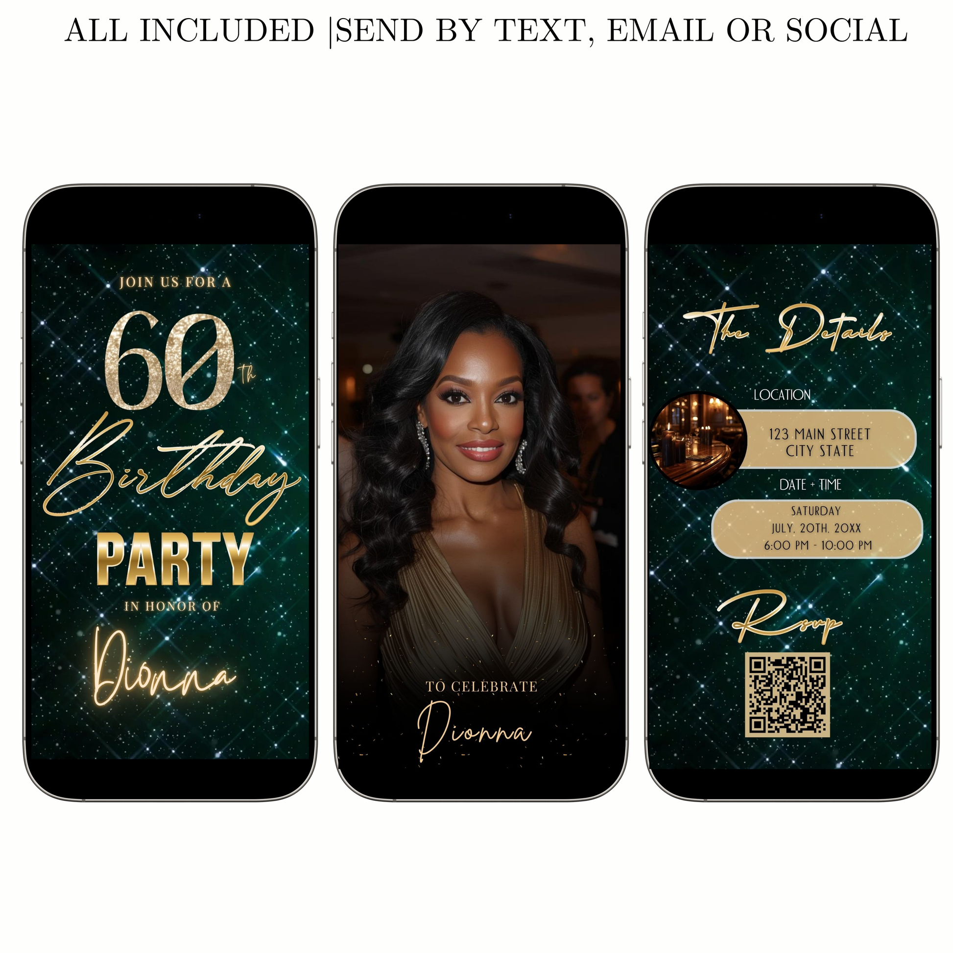 Editable teal glam 60th birthday birthday video invitation displayed on a mobile phone, featuring an animated vertical digital invite with music, created in Canva. This premium video invitation template is designed for sharing by text, email, and social media and works with an interactive RSVP website for easy guest response tracking.