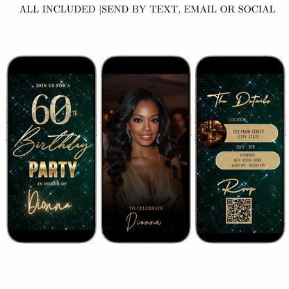 Editable teal glam 60th birthday birthday video invitation displayed on a mobile phone, featuring an animated vertical digital invite with music, created in Canva. This premium video invitation template is designed for sharing by text, email, and social media and works with an interactive RSVP website for easy guest response tracking.