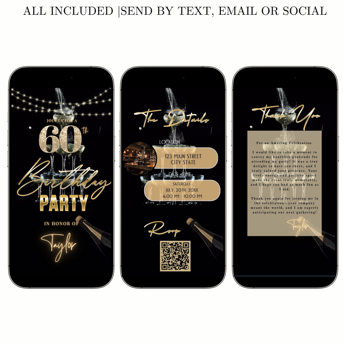 Editable luxury gold champagne 60th birthday birthday video invitation displayed on a mobile phone, featuring an animated vertical digital invite with music, created in Canva. This premium video invitation template is designed for sharing by text, email, and social media and works with an interactive RSVP website for easy guest response tracking.