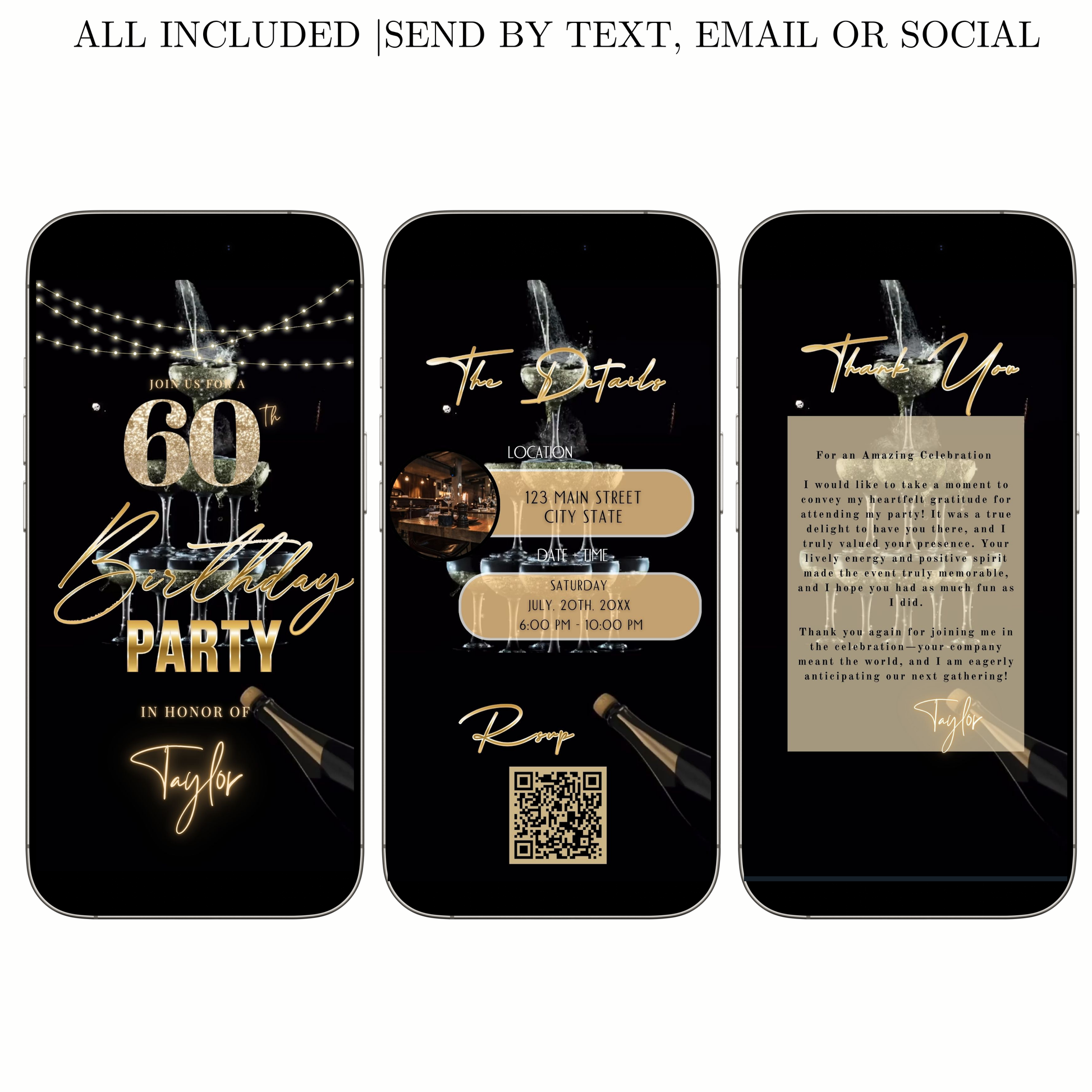 Editable luxury gold champagne 60th birthday birthday video invitation displayed on a mobile phone, featuring an animated vertical digital invite with music, created in Canva. This premium video invitation template is designed for sharing by text, email, and social media and works with an interactive RSVP website for easy guest response tracking.