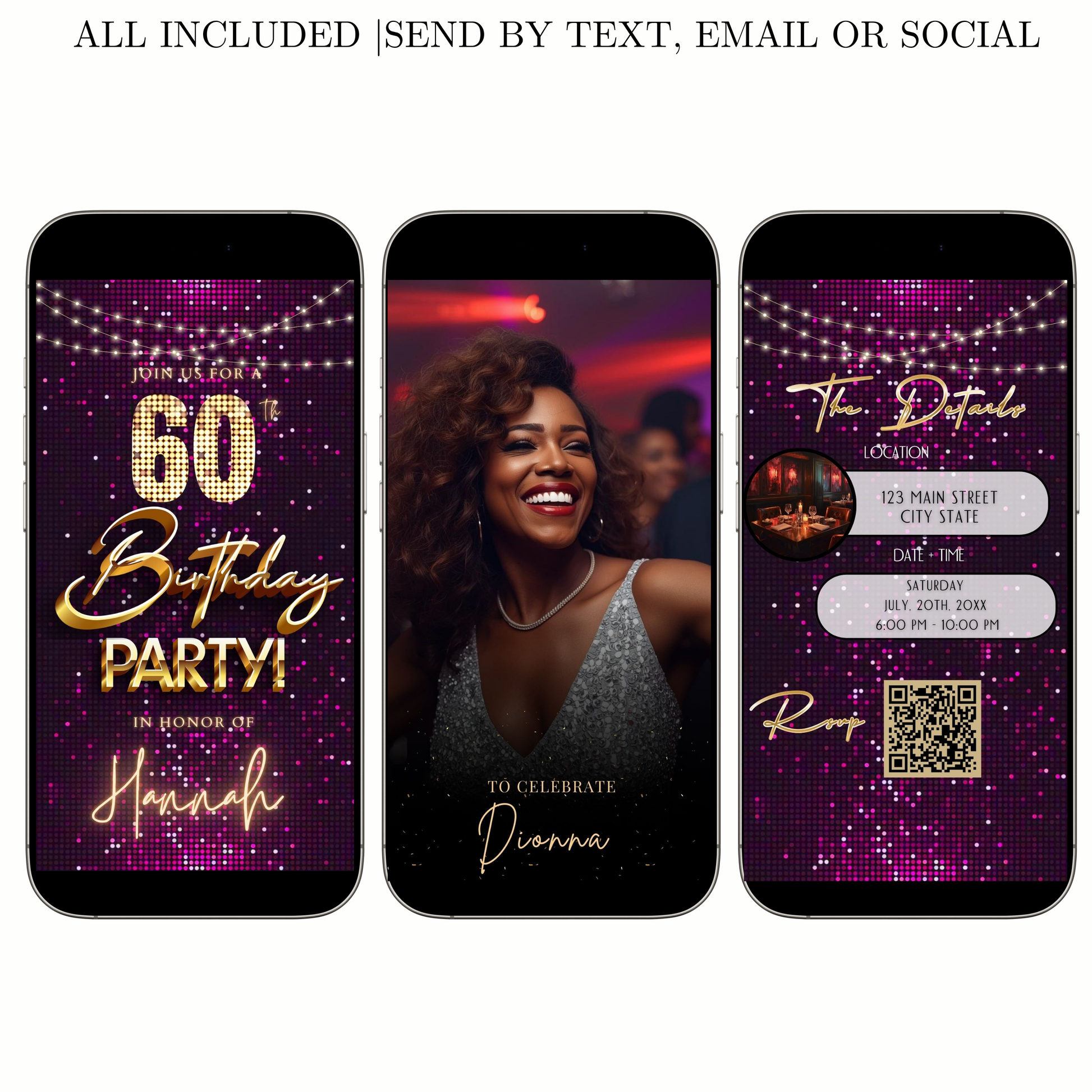Editable violet gold sequin 60th birthday birthday video invitation displayed on a mobile phone, featuring an animated vertical digital invite with music, created in Canva. This premium video invitation template is designed for sharing by text, email, and social media and works with an interactive RSVP website for easy guest response tracking.