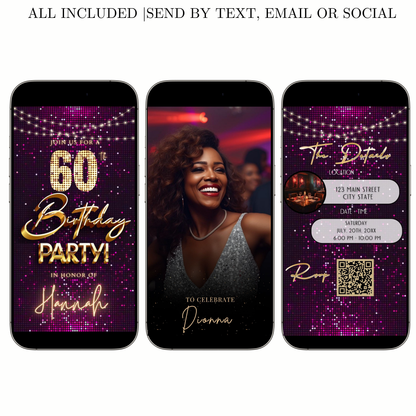 Editable violet gold sequin 60th birthday birthday video invitation displayed on a mobile phone, featuring an animated vertical digital invite with music, created in Canva. This premium video invitation template is designed for sharing by text, email, and social media and works with an interactive RSVP website for easy guest response tracking.