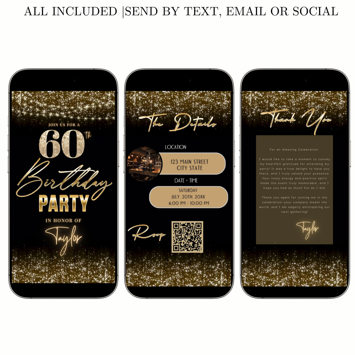 Editable gold sparkle 60th birthday birthday video invitation displayed on a mobile phone, featuring an animated vertical digital invite with music, created in Canva. This premium video invitation template is designed for sharing by text, email, and social media and works with an interactive RSVP website for easy guest response tracking.