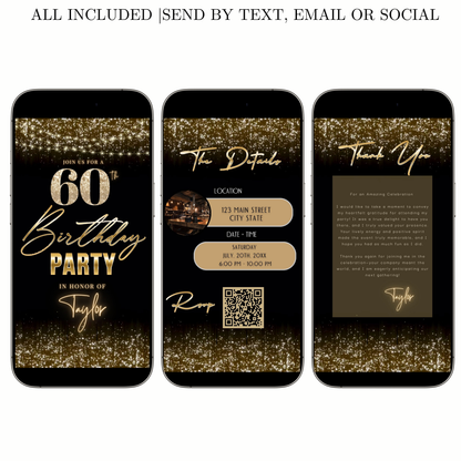 Editable gold sparkle 60th birthday birthday video invitation displayed on a mobile phone, featuring an animated vertical digital invite with music, created in Canva. This premium video invitation template is designed for sharing by text, email, and social media and works with an interactive RSVP website for easy guest response tracking.