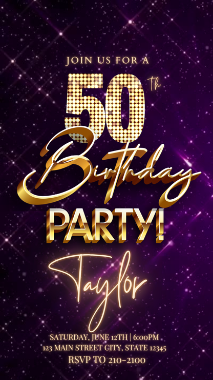Editable purple gold sparkle 50th birthday video invitation displayed on a mobile phone, featuring an animated vertical digital invite with music, created in Canva. This premium video invitation template is designed for sharing by text, email, and social media and works with an interactive RSVP website for easy guest response tracking.
