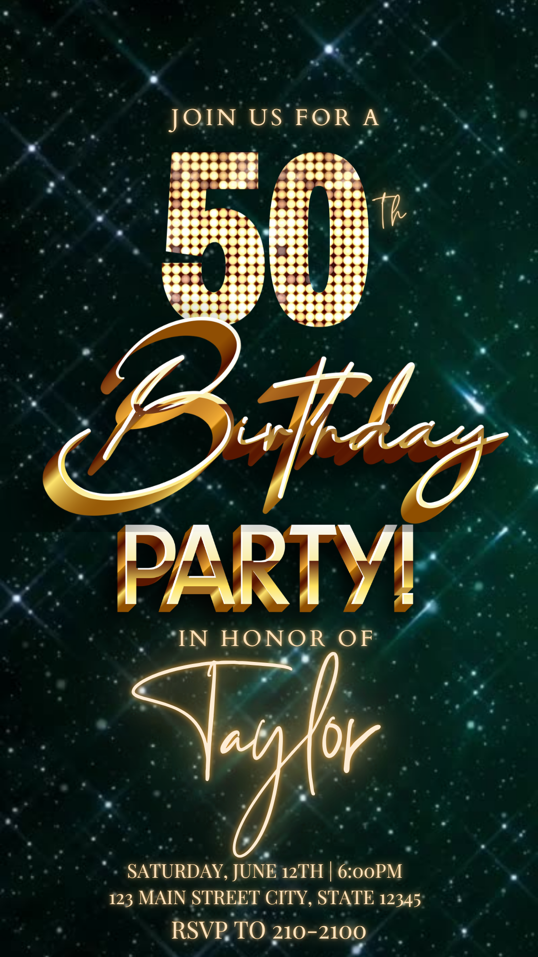 Editable emerald green gold glam 50th birthday video invitation displayed on a mobile phone, featuring an animated vertical digital invite with music, created in Canva. This premium video invitation template is designed for sharing by text, email, and social media and works with an interactive RSVP website for easy guest response tracking.