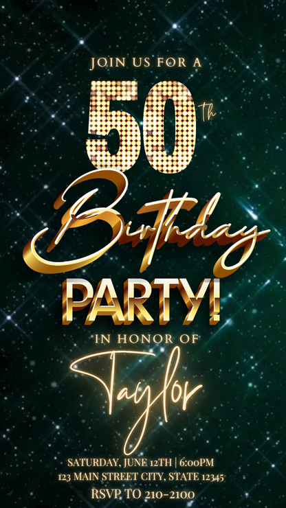 Editable emerald green gold glam 50th birthday video invitation displayed on a mobile phone, featuring an animated vertical digital invite with music, created in Canva. This premium video invitation template is designed for sharing by text, email, and social media and works with an interactive RSVP website for easy guest response tracking.