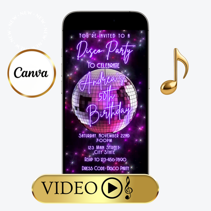 Editable Disco Party Video Invitation | 70s Retro Party Invite | Editable Canva Template Template