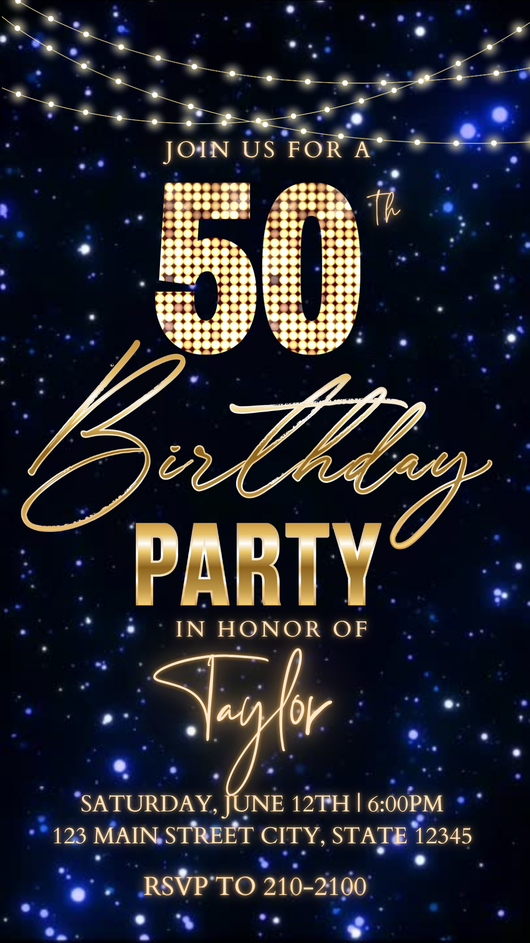 Editable gold black elegant 50th birthday video invitation displayed on a mobile phone, featuring an animated vertical digital invite with music, created in Canva. This premium video invitation template is designed for sharing by text, email, and social media and works with an interactive RSVP website for easy guest response tracking.
