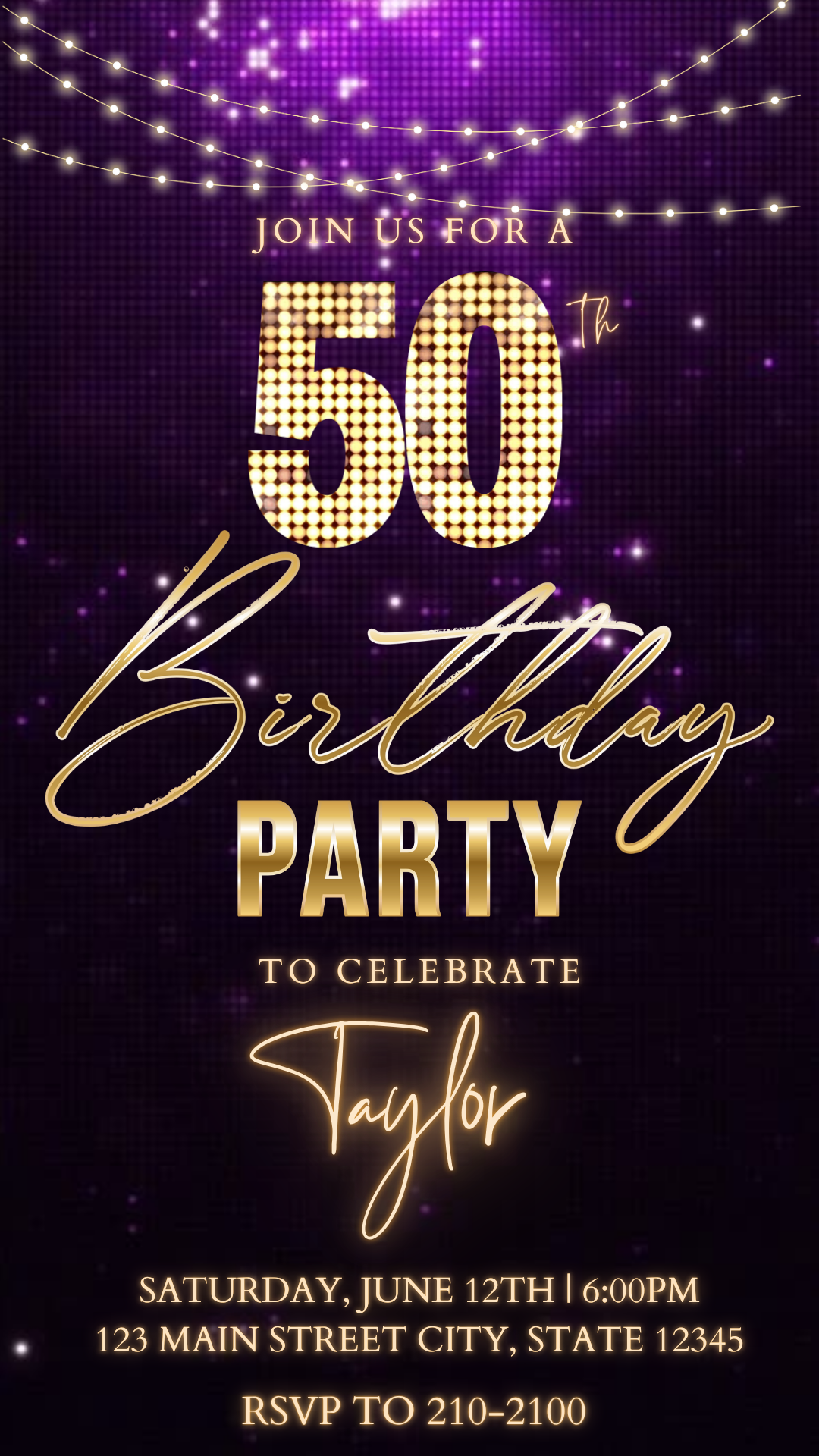 Editable classic gold bokeh 50th birthday video invitation displayed on a mobile phone, featuring an animated vertical digital invite with music, created in Canva. This premium video invitation template is designed for sharing by text, email, and social media and works with an interactive RSVP website for easy guest response tracking.