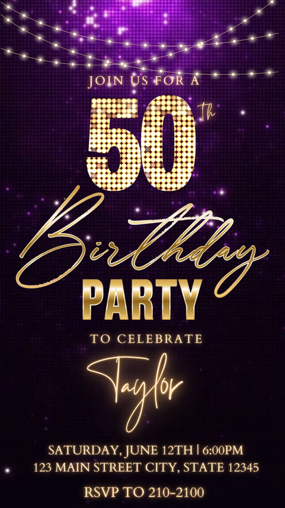 Editable classic gold bokeh 50th birthday video invitation displayed on a mobile phone, featuring an animated vertical digital invite with music, created in Canva. This premium video invitation template is designed for sharing by text, email, and social media and works with an interactive RSVP website for easy guest response tracking.